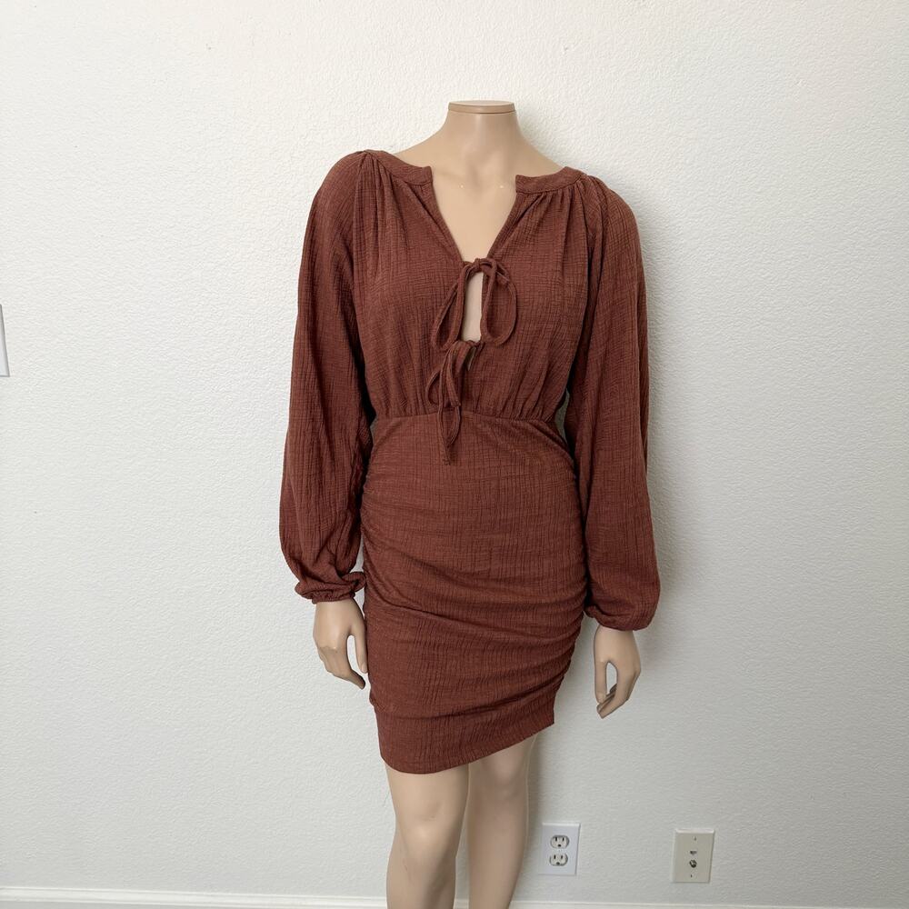 [ASOS] Brown Textured Long Balloon Sleeves Front Tie Ruched Mini Dress Size US 4